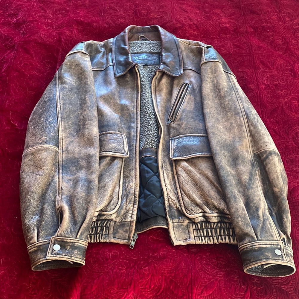 Brown Leather Bomber Jacket, Sherpa lined, size M
